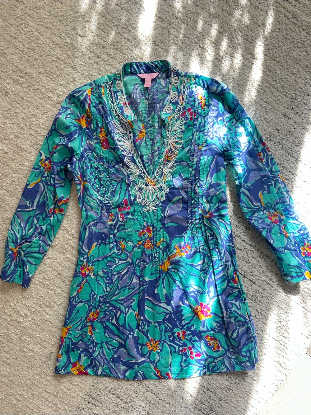 Lilly Pulitzer Women's Embroidered V-Neck Floral Dress/ Cover Up - Teal & Blue